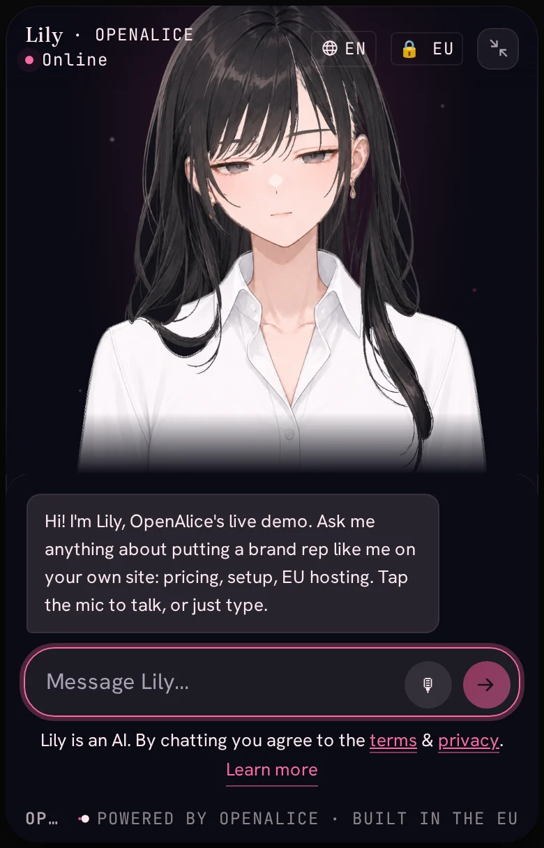 Screenshot of the live OpenAlice widget, open and greeting a visitor.